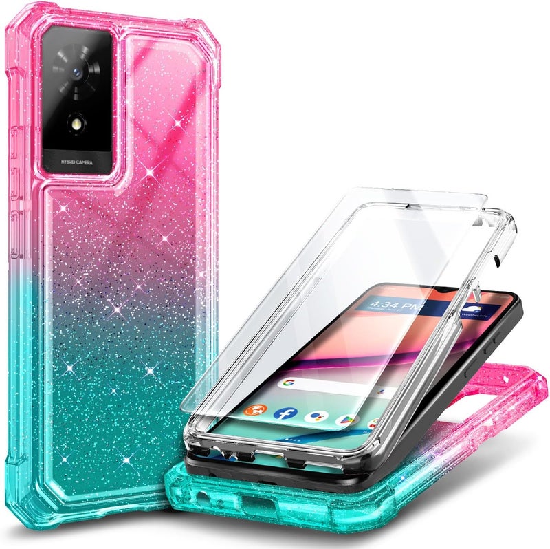 WDHD Compatible with TCL K24 & K23 & TCL 50 LE Phone Case Glitter Pink/Aqua | Full-Body Protective Shockproof Rugged Bumper Cover with Screen Protector, Raised Corners Drop Protection - Image 1